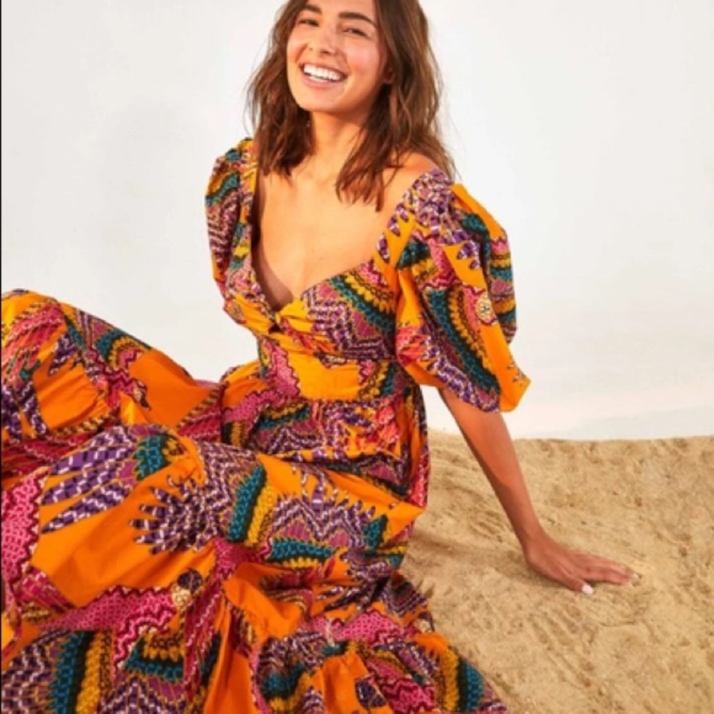Farm Rio Macaw Puff-Sleeve Midi Dress